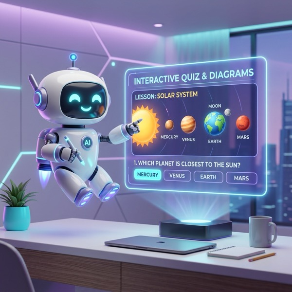 Friendly AI tutor robot pointing at a holographic solar system quiz above a study desk