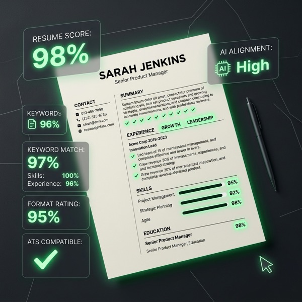 Sample one-page resume surrounded by ATS score panels for keyword match, format rating and compatibility