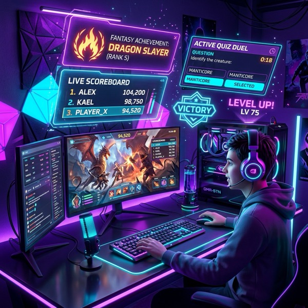 Student at a gaming desk playing a live quiz duel with a scoreboard and level-up badges on screen